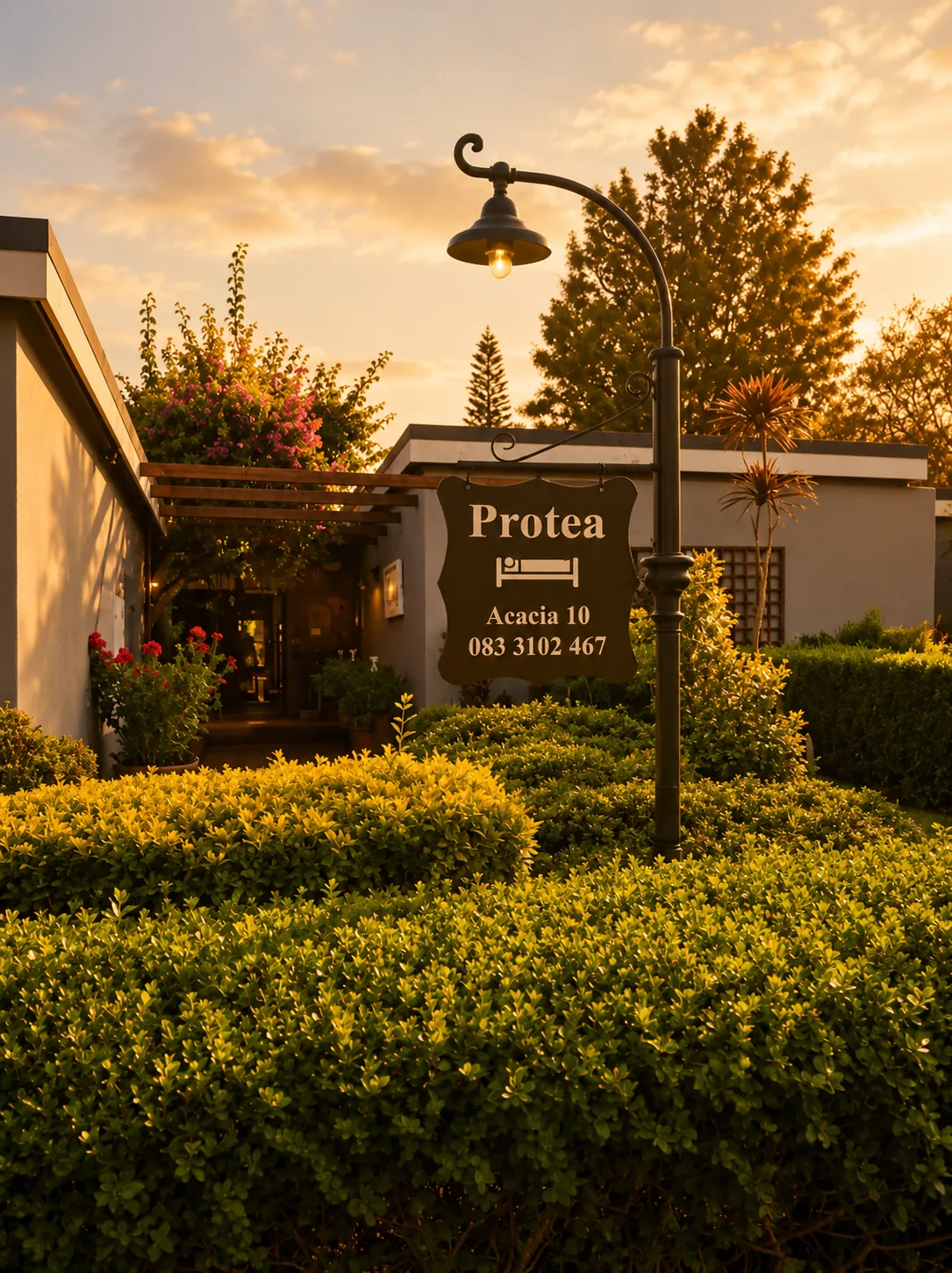 Protea Guesthouse sign on Acacia Avenue surrounded by golden garden hedges