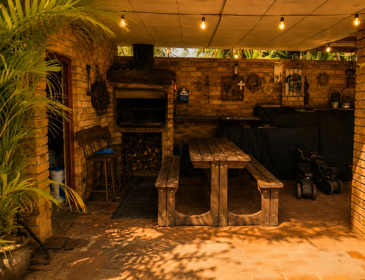 Covered braai area with wooden picnic table and warm hanging lights at Protea Guesthouse
